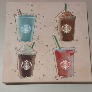 Starbucks Art Canvas with Blue, Brown, and Red Drinks